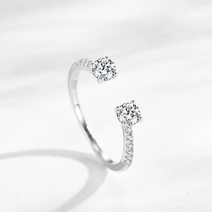 Sparkling S925 sterling silver open ring with double main diamonds and pavé accents