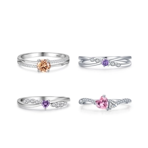S925 sterling silver rings set with colorful round and heart-shaped zircon stones