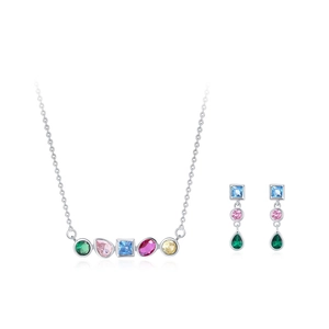S925 silver jewelry set with colorful geometric zircon necklace and drop earrings
