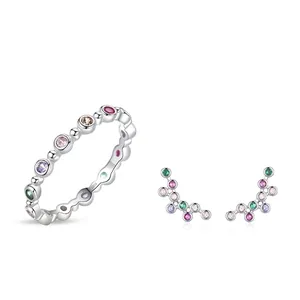 925 Sterling Silver Rainbow Zirconia Bubble Angel Wings Jewelry Set Inlaid Ring Earrings For Women Fashion Versatile Jewelry Set
