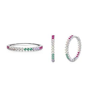 S925 Sterling Silver Rainbow Zirconia Jewelry Set For Women Geometric Round Hoop Earrings Colorful Multi Gemstone Band Ring