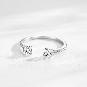 Elegant S925 sterling silver open ring with dual brilliant-cut zircon stones