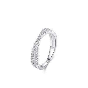Crossed double-row S925 sterling silver ring with micro-paved zirconia stones on white base