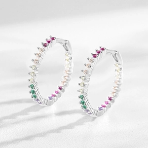 Elegant S925 sterling silver hoop earrings with vibrant rainbow pavé zircon gemstones