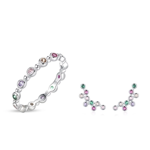 S925 sterling silver jewelry set with rainbow cubic zirconia ring and stud earrings