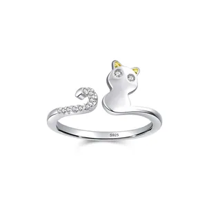 S925 Sterlingsilber Süße Katze Offener Ring Für Damen Verstellbarer Tier Fingerring Mit Zirkonia Süßer Mode Schmuck Geschenk
