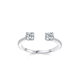 Elegant S925 sterling silver open ring with double round diamonds and pavé accents