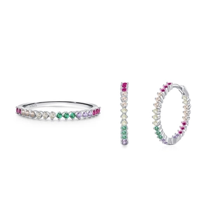 S925 sterling silver colorful zircon jewelry set with rainbow ring and hoop earrings