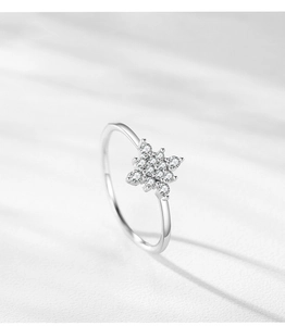 Macro shot of silver snowflake ring with brilliant cubic zirconia in soft natural light
