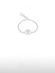 Macro detail of S925 sterling silver six-prong cubic zirconia adjustable chain ring