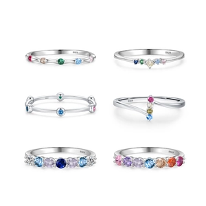 S925 sterling zilveren geometrische ringen set met kleurrijke regenboog zirkonia's