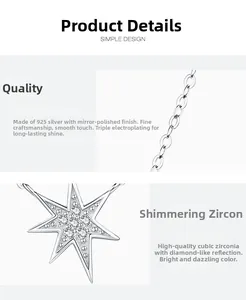 Detail of s925 silver star pendant necklace with cubic zirconia on O-chain link