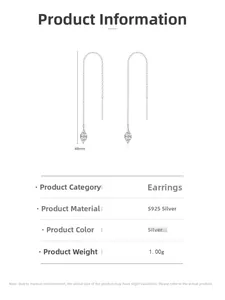Detail of S925 sterling silver drop earring threader with 48mm length and 1.00g weight