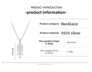 Macro view of S925 silver leaf pendant with cubic zirconia and chain size measurements