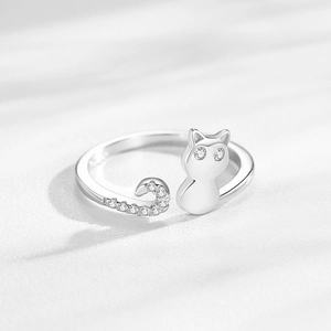 S925 Sterling Silber Katzenring, offener Ring mit Zirkonia-Besatz für Damen, süßes Design