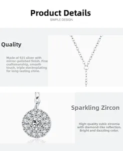 Detailed macro view of S925 sterling silver chain with cubic zirconia circular pendant