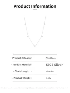 Detail of S925 sterling silver necklace with five marquise diamonds and size specs