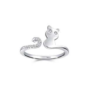 S925 Sterling Silber offener Ring mit süßem Katzen-Design und Mikro-Kristallen