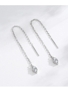 Macro detail of S925 sterling silver threader earrings with zircon drops on white background