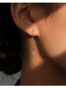 Macro view of S925 silver threader earring with marquise-cut zircon on a model ear