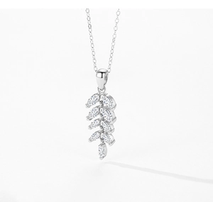 Close-up of S925 silver leaf pendant necklace with sparkling marquise cut zircons