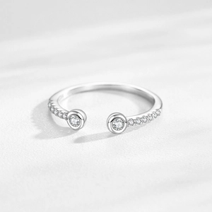 Minimalist S925 silver open ring with double round diamonds and pavé setting accents