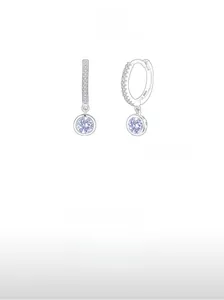 Detail of S925 sterling silver hoop earrings with lilac zircon and engraved S925 hallmark