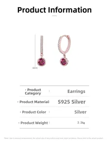 Detail showing S925 sterling silver hoop earrings with a red zircon pendant and measurements
