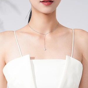 Elegant S925 sterling silver Y-shaped necklace with a sparkling round zircon pendant on model