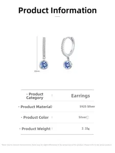 Detailed view of S925 sterling silver blue crystal hoop earrings with dimensions 22mm