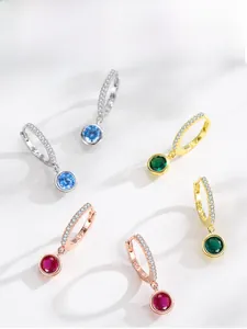 Detailed view of S925 sterling silver hoop earrings set with red, blue and green zircons