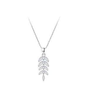 925 Sterling Silver Leaf Pendant Necklace For Women Shiny Cubic Zirconia Marquise Stones Wheat Clavicle Chain Jewelry