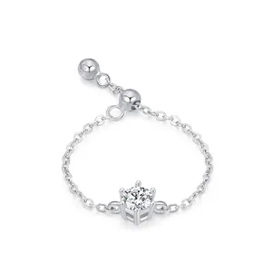 925 Sterling Silver Adjustable Chain Ring For Women Luxurious Solitaire Rhinestone Six-Claw Inlaid Fashion Finger Jewelry