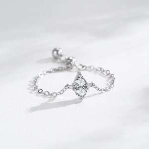 Minimalist 925 silver chain ring featuring dual marquise-cut marquise stones and bead detail