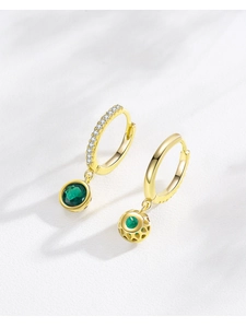 Detailed close-up of S925 silver gold-plated hoop earrings with green zircon pendants