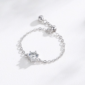 S925 sterling silver chain ring with a six-prong solitaire zircon and adjustable slider