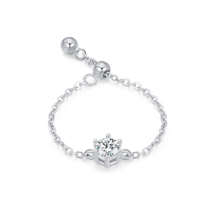 S925 sterling silver adjustable chain ring featuring a six-prong cubic zirconia setting