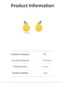 Detailed view of yellow enamel lemon stud earrings with size 9.7x6.2mm and S925 silver specs