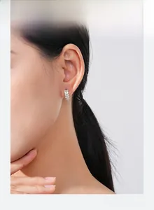 Vue macro de boucles d'oreilles feuilles en argent S925 serties de zircons étincelants