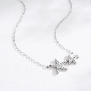 S925 sterling silver starfish pendant necklace with cubic zirconia pavé stones