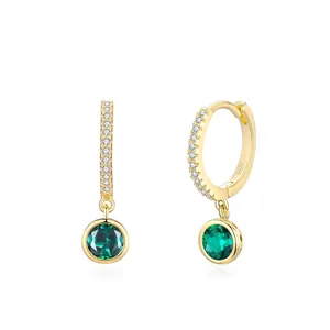 Boucles d'Oreilles Créoles de Luxe en Argent Sterling 925 Zirconia Pendentif Rond Vert Émeraude Bijoux de Mariage Femme