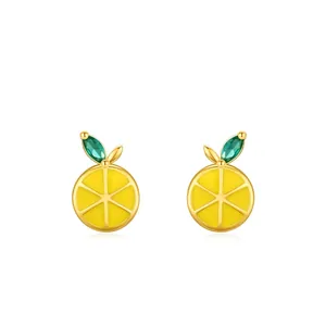 Cute S925 Sterling Silver Lemon Enamel Stud Earrings For Women Tiny Fruit Micro Inlaid Rhinestone Gold Plated Elegant Small Jewelry