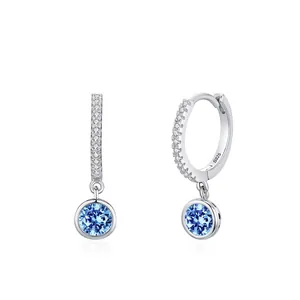 Luxury 925 Sterling Silver Hoop Pendant Earrings For Women Round Cut Zirconia Blue Green Red Stone Drop Earrings Jewelry