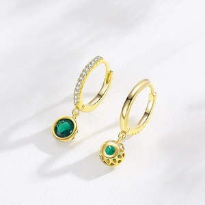 Luxury S925 silver hoop earrings with emerald green gems and micro-pave crystals