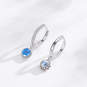 S925 silver hoop earrings with round blue stones and heart hollowed pattern back detail