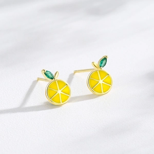 Elegant S925 silver lemon stud earrings with yellow enamel and green gemstone leaf