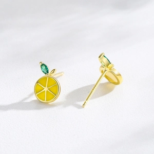 Cute S925 sterling silver lemon enamel stud earrings with green zircon accents