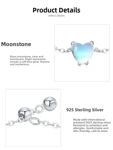 Detail of adjustable S925 sterling silver chain with heart-shaped moonstone and slide bead