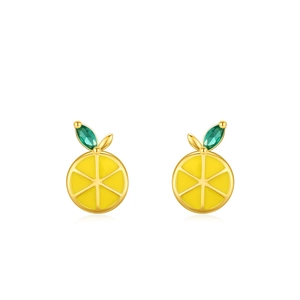 Cute S925 sterling silver lemon enamel stud earrings with green zircon leaf accents