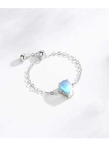 Detailed view of adjustable S925 silver chain ring with teardrop moonstone and slider beads